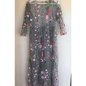 Sheer Gray Floral Overlay Prom Dress Large